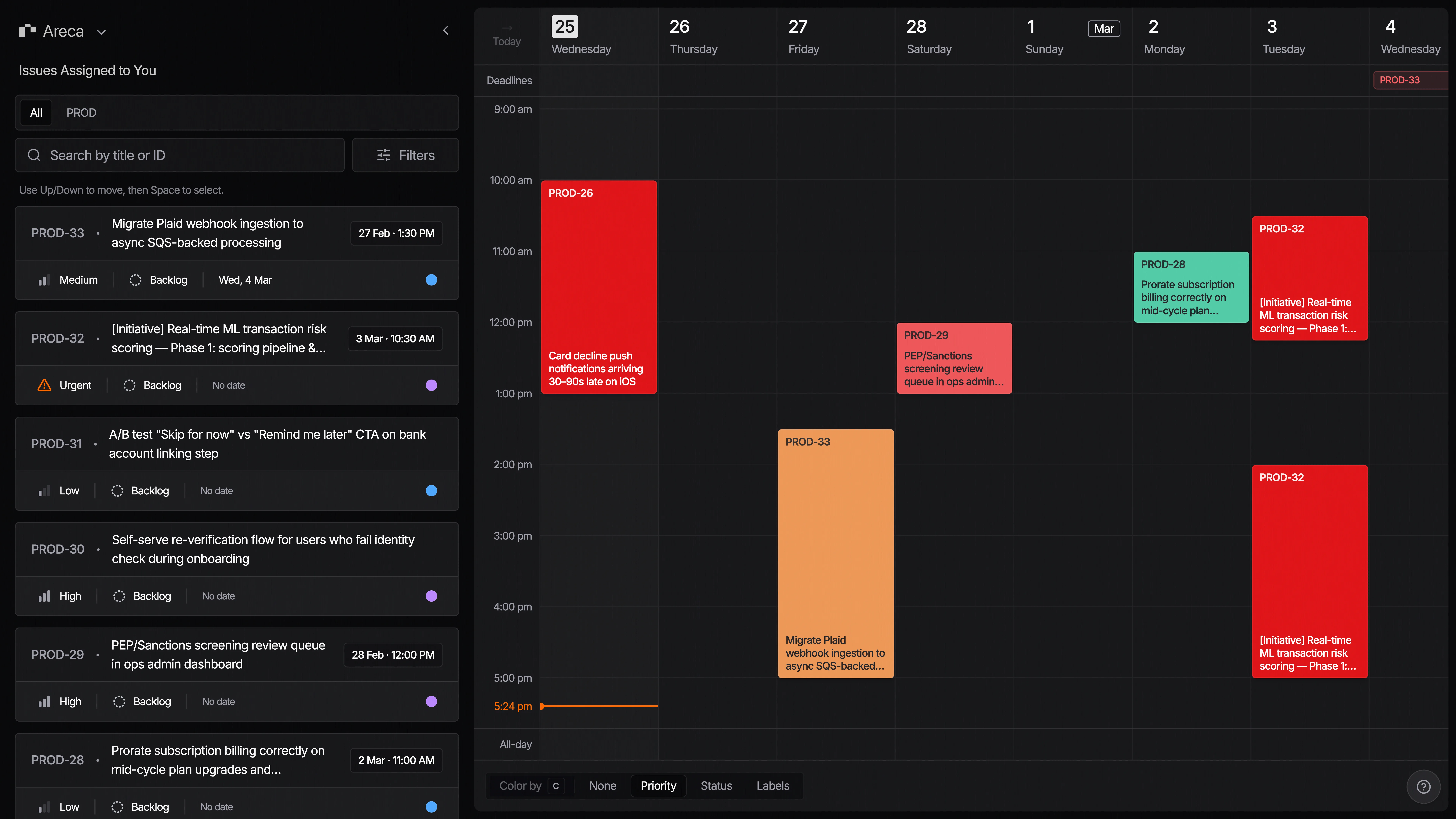 Areca — Calendar view with Linear issues scheduled as time blocks